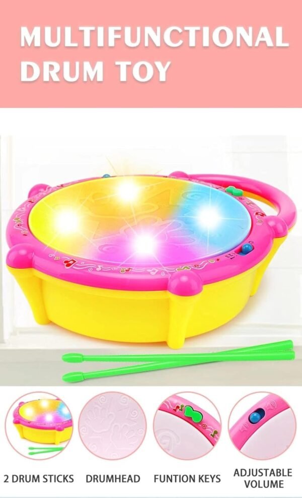 VGRASSP Flash Drum Toy with 2 Mallets for Kids | Multicolor 3D Lights | Dynamic Musical Instrument | Toy for Baby and Toddlers | Battery Operated Toy | for 2 3 4 5 6 Year Old Boys & Girls - Image 3