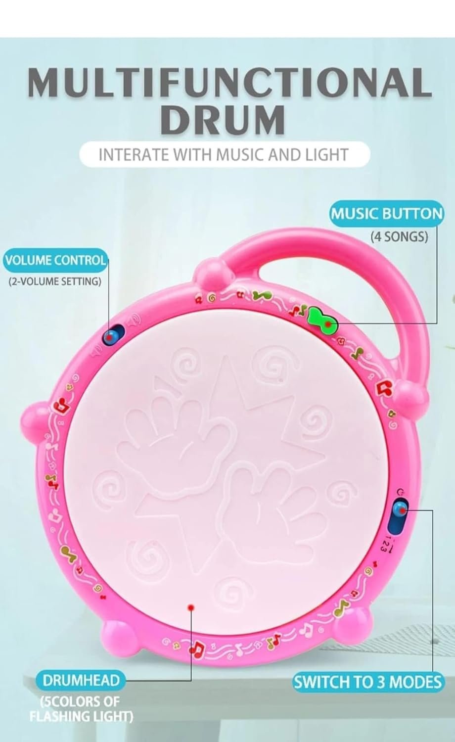 Flash Drum with 3D Lights and Music Multi Color for 1 2 3 4 Year Old Boy Girl ( Battery NOT Included) - Image 6