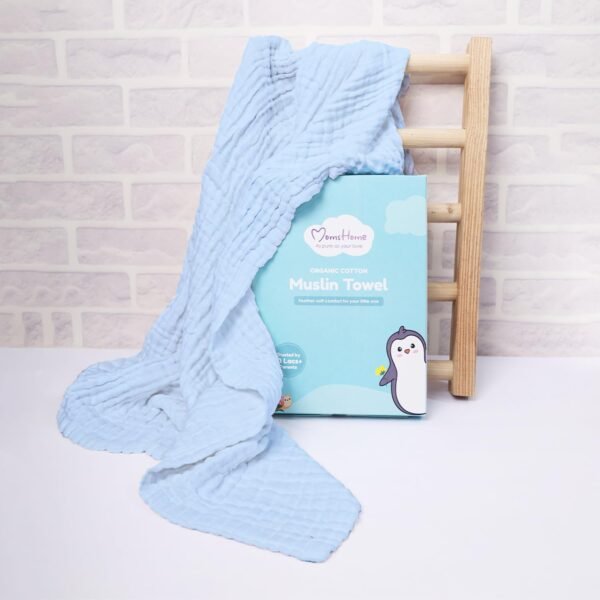 MOM\'S HOME Baby Super Soft Absorbent Muslin 6 Layer wash Towel- 100X100 CM - | 0-3 Years | Blue - Image 2