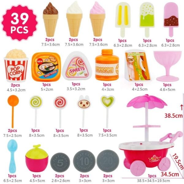 Plastic 42 Pcs Big Size Kitchen Playset | Musical & Light Kitchen Set Toy for Kids with Sound and Accessories Set for 4 Year Old (Pink Ice Cream Trolley) - Image 6