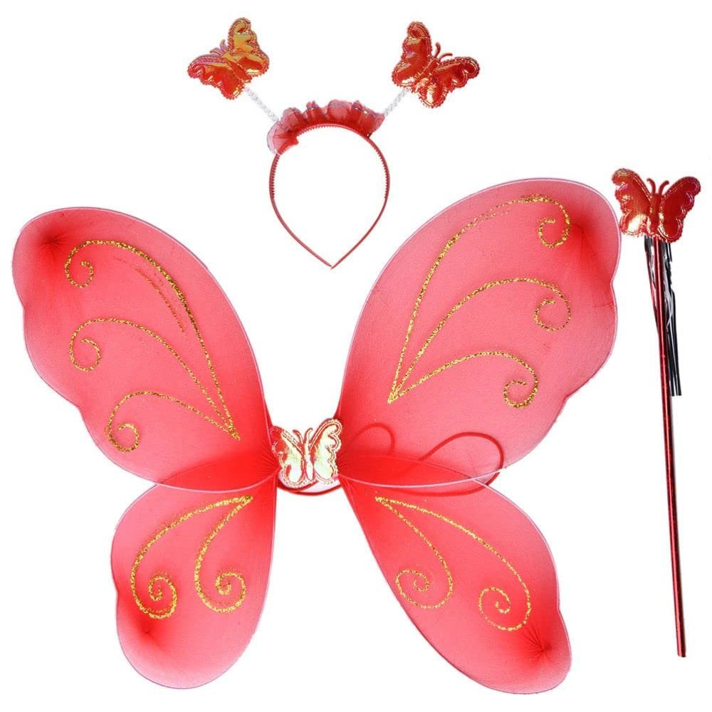 Fairy Butterfly Wings with Matching Hair Band and Magic Wand Costume for Baby Girls Birthday Party/Princess Accessories/Party Gift for Kids/Party Supplies (Pack of 1,Red)