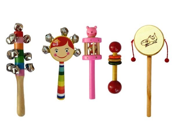 Wooden Rattles Toys for Baby, New Born Baby Toys, Infants, Kids - Set of 5 pcs - Non Toxic Multi Color - Discover Soothing Sounds, Develops Sensory Skills - Image 3