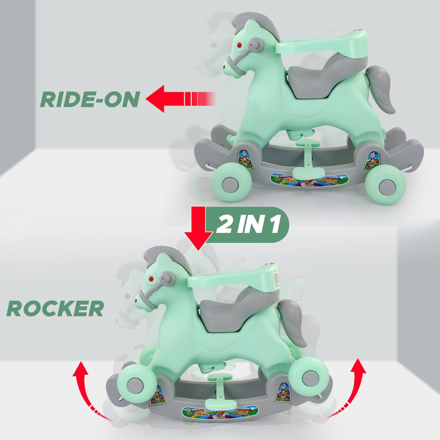 Dash Marshal 2 in 1 Ride on Horse for Kids, Horse Rider for Kids 1+ Years, Rocker cums Ride on Toy with Attractive Music for Kids (Capacity 20kg | Green) - Image 3