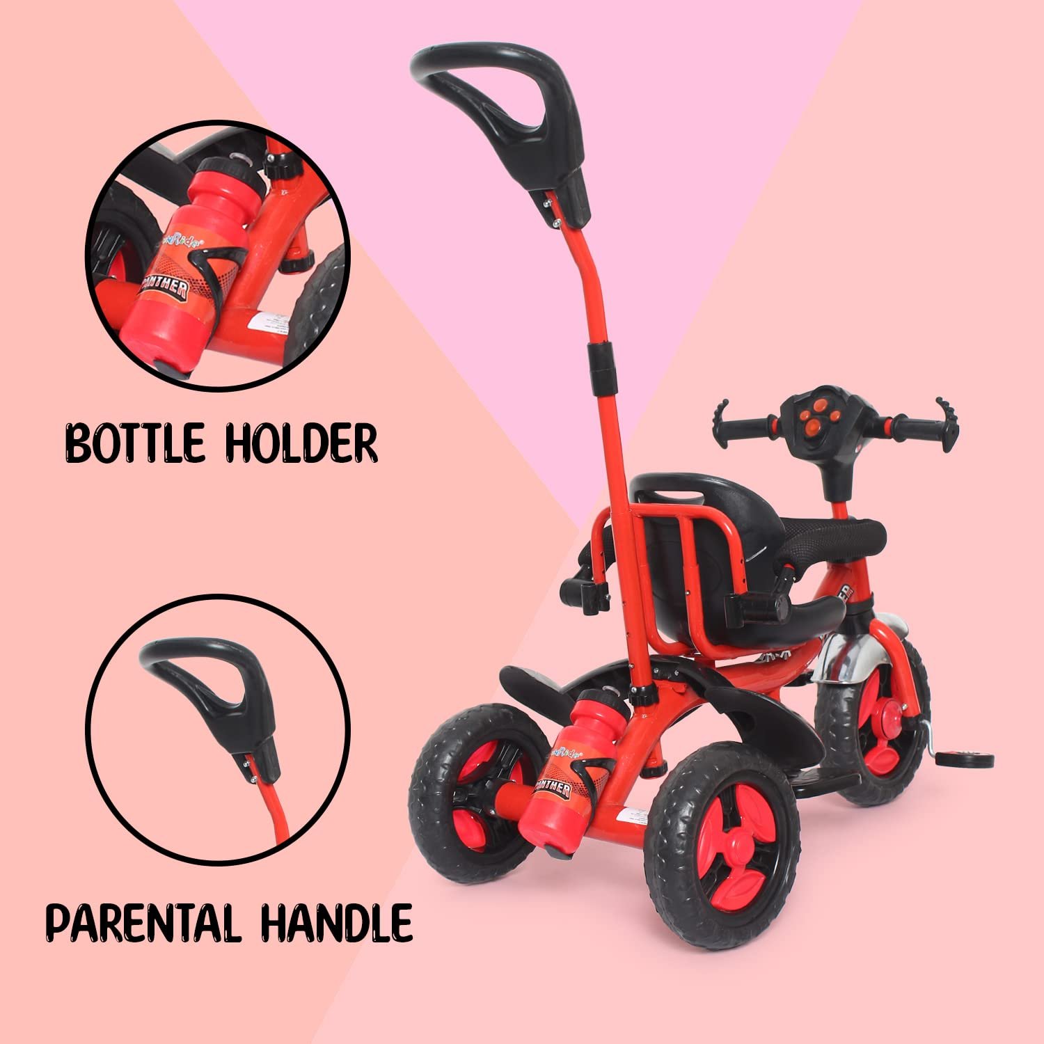 Fun Ride Kid\'s Tricycle Panther 2in1 for 1 to 5 Years - Plug and Play Baby Trike with Music and Lights with Removable Parental Control Handle - Red (Weight - Upto 25 Kg) - Image 4