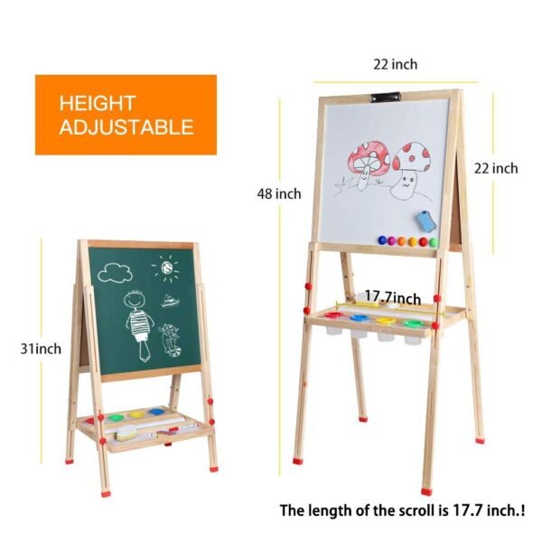Kids Art Easel,Whiteboard and Chalkboard Easel for Kids, 0.8 Inch Thick Wood Frame and Adjustable Height, All Accessories Include - Image 2