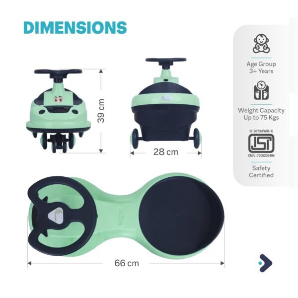R for Rabbit Iya Iya Zippy Kids Swing Car, Scratch Free PVC Wheels with ABEC7 Bearing, Ride on Magic Toy Car for Kids Suitable for 3+ Years Boys & Girls, Upto 75 Kgs (Sea Green) - Image 2