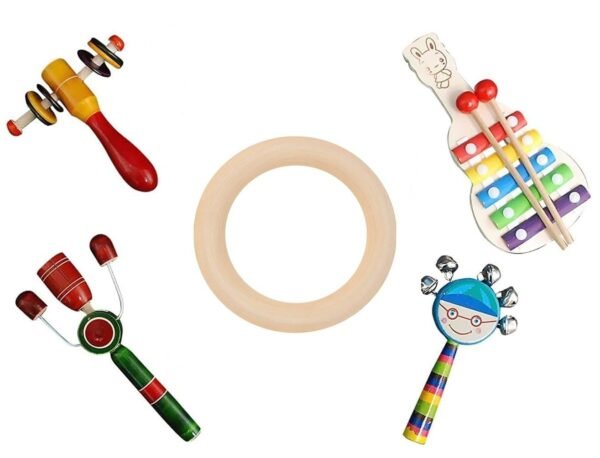 Wooden Rattles, 1 Teether Ring for Baby, Infants, New Born Babies Toys (0 to 6 to 12 Months) - Set of 5 pcs - Non Toxic Colors - Develops Sounds & Sensory Skills - Image 5