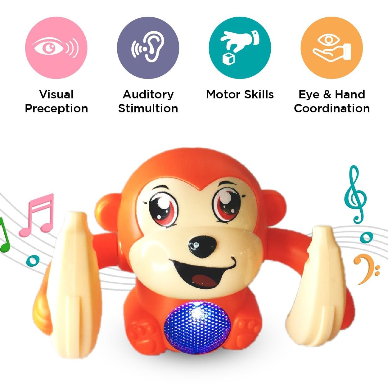Dancing Monkey|Voice & Touch Sensor with Musical Light & Sound Effect|AAA Battery Operated|Birthday Gift|Spinning & Rolling Doll Tumble Toy for Kids 1 Year +|Made in Indiaorange - Image 5