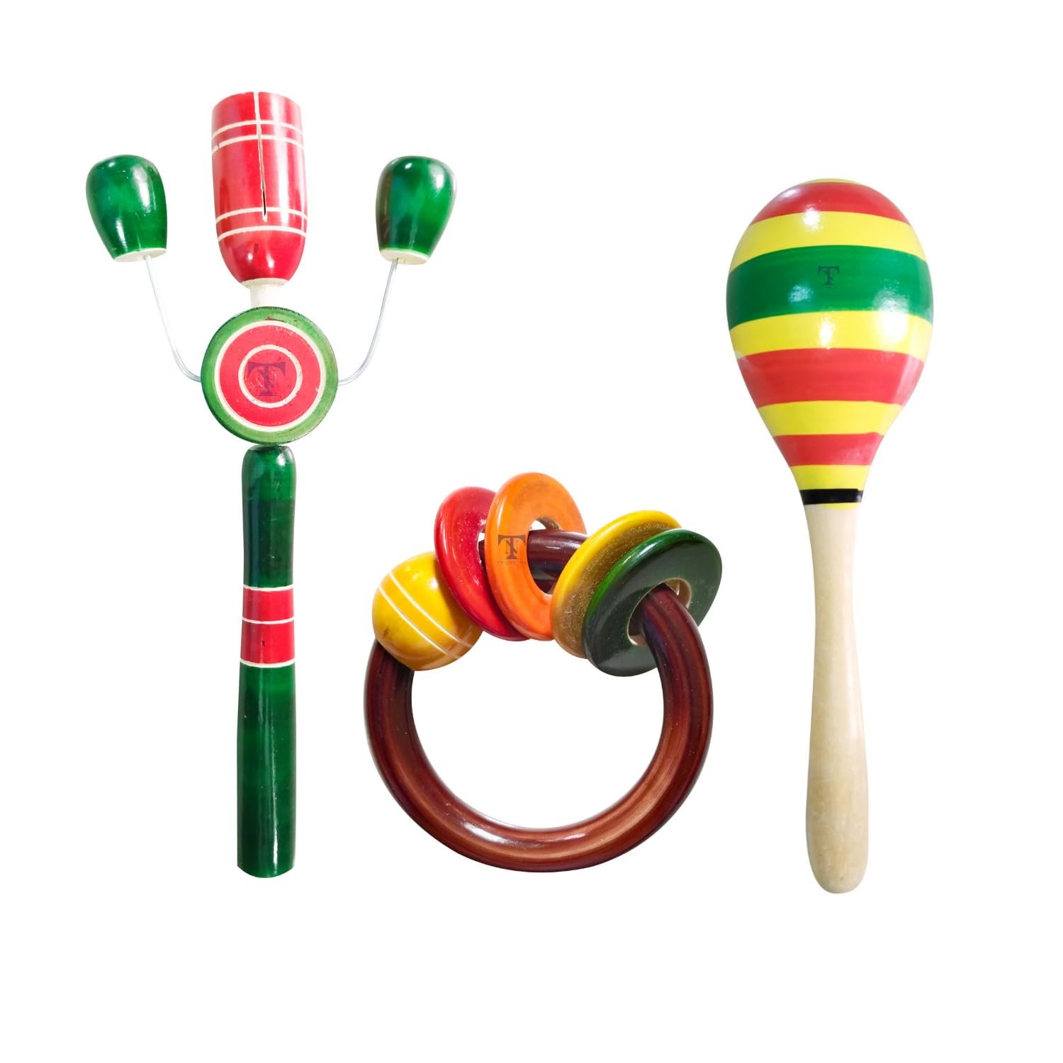 Colourful Wooden Baby Rattle Toy - Hand Crafted Rattle Set for Kids - Musical Toy for Newly Born - Wooden Ring Teether for New Born Babies - Baby Teethers(Pack of 3) TIK Big, Egg Rattle, Ring teether