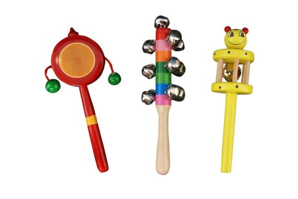 Handmade Non Toxic Wooden Rattles Toys for Babies/Infants (0+ Years) - Set of 3 pcs - Multicolor - Discover Sounds, Develops Sensory Skill