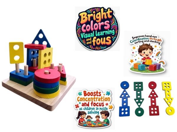 Wooden Square Base Geometric Blocks Four Shapes Four Colour Stacker Shape Sorter Column Puzzle for Kids Age 2-6 Years (Wooden Square Base Shapes) - Image 6