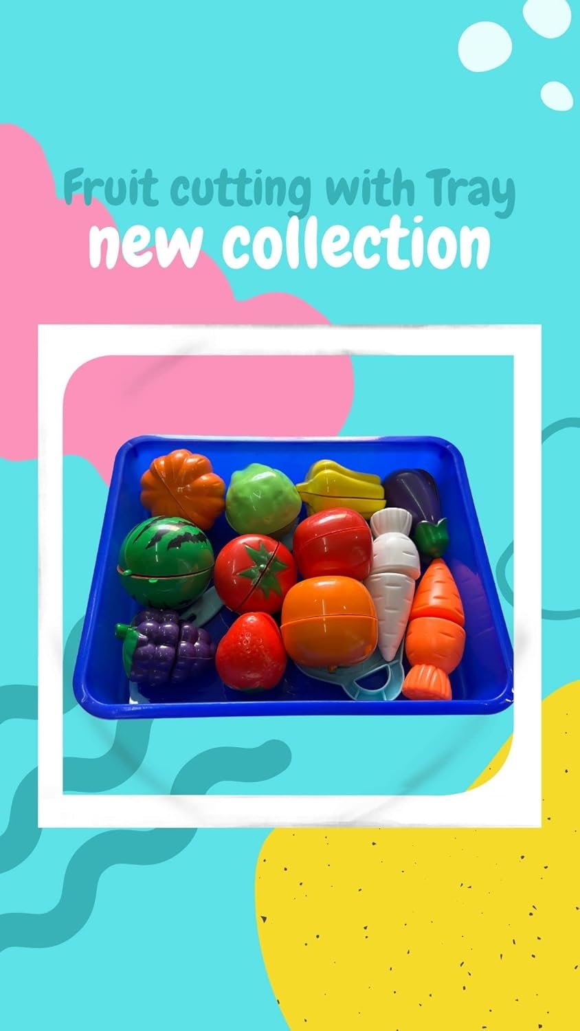PLUSPOINT 14 PCS Cutting Play Food with Tray Toy for Kids Kitchen, Pretend Fruit &Vegetables Accessories Has 6 Fruits, 6 Vegetables,1 Board,1 Knife for Girls and Boys (Fruit Cut with Serving Tray) - Image 3