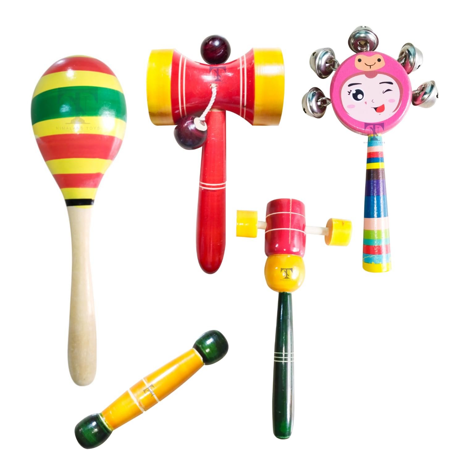 Colourful Wooden Baby Rattle Toy - Musical Toy for Newly Born - Pack of 5(Egg, cho, face, dumura, teether R)