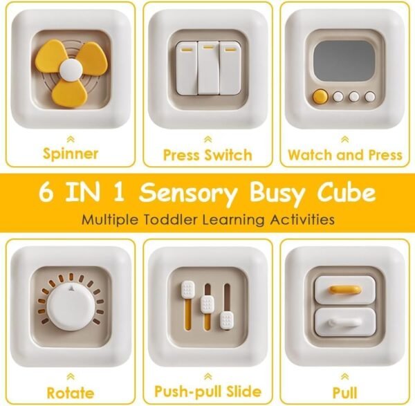 Montessori Toys 6 in 1 Preschool Board Sensory Busy Activity Cube Toys for Toddlers, Early Learning Fine Motor Skills Development Educational Travel Birthday Gifts Toy (Fan) (1pcs/Multicolour) - Image 4