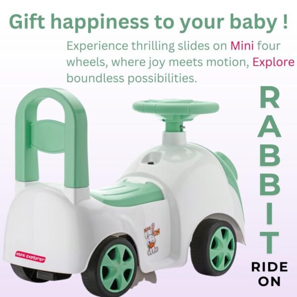MiniExplorer Rabbit Ride On & Toy Car for Kids with Music & Horn Steering, Push Car for Baby with Backrest, Safety Guard, Under Seat Storage & Big Wheels | Ride On for Kids 1 to 3 Years - Green - Image 6