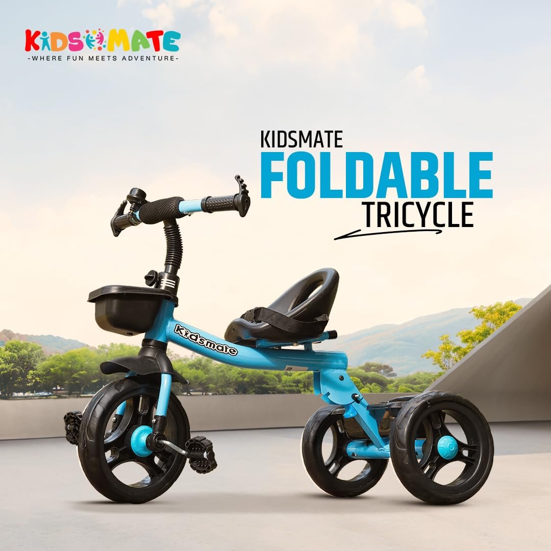 Kidsmate Foldable Tricycle for Kids | Sturdy & Durable Baby Trikes with Storage Basket, Cushion Seat & Safety Belt | Baby Tricycle for 1-4 Years Boys & Girls | Weight Capacity Upto 30kg (Blue) - Image 3