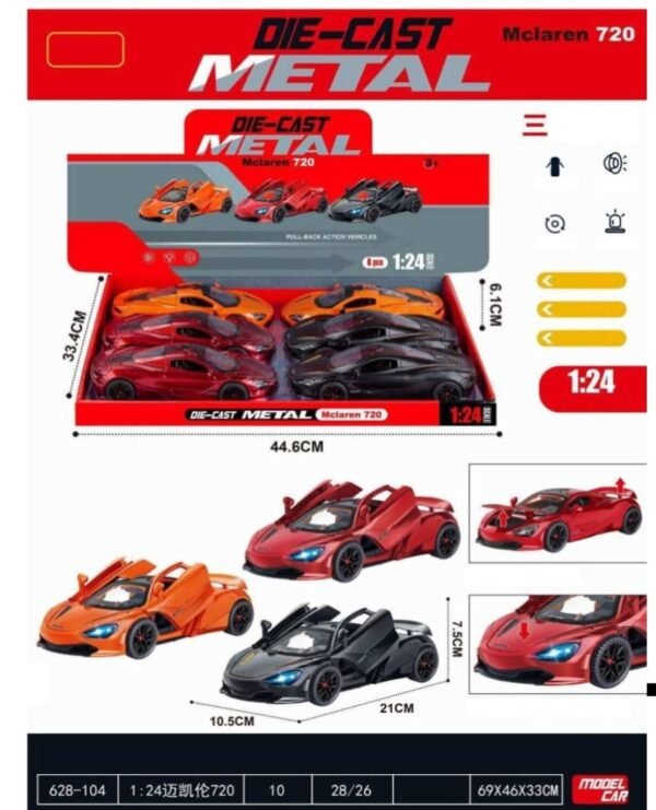 1:24 Mclaren 720 Diecast Metal Pull Back Car with 6 Openable Doors with Sound and Light Toy Decoration car Best Gift Toys for Kids ?Colors as Per Stock?