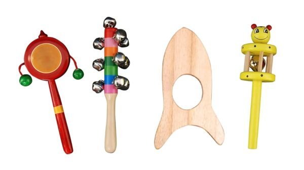 3 Wooden Rattles Toys 1 Teether for Baby/New-Born Infant Kids - Set of 4 pcs - Multicolor - Discover Sounds, Develops Sensory Skills - Image 2