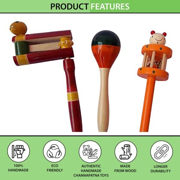 Channapatna Toys Wooden Rattle Toys for Baby/Infants (0+ Years) - Set of 3 pcs - Multicolor - Discover Sounds, Develops Sensory Skills - Image 3
