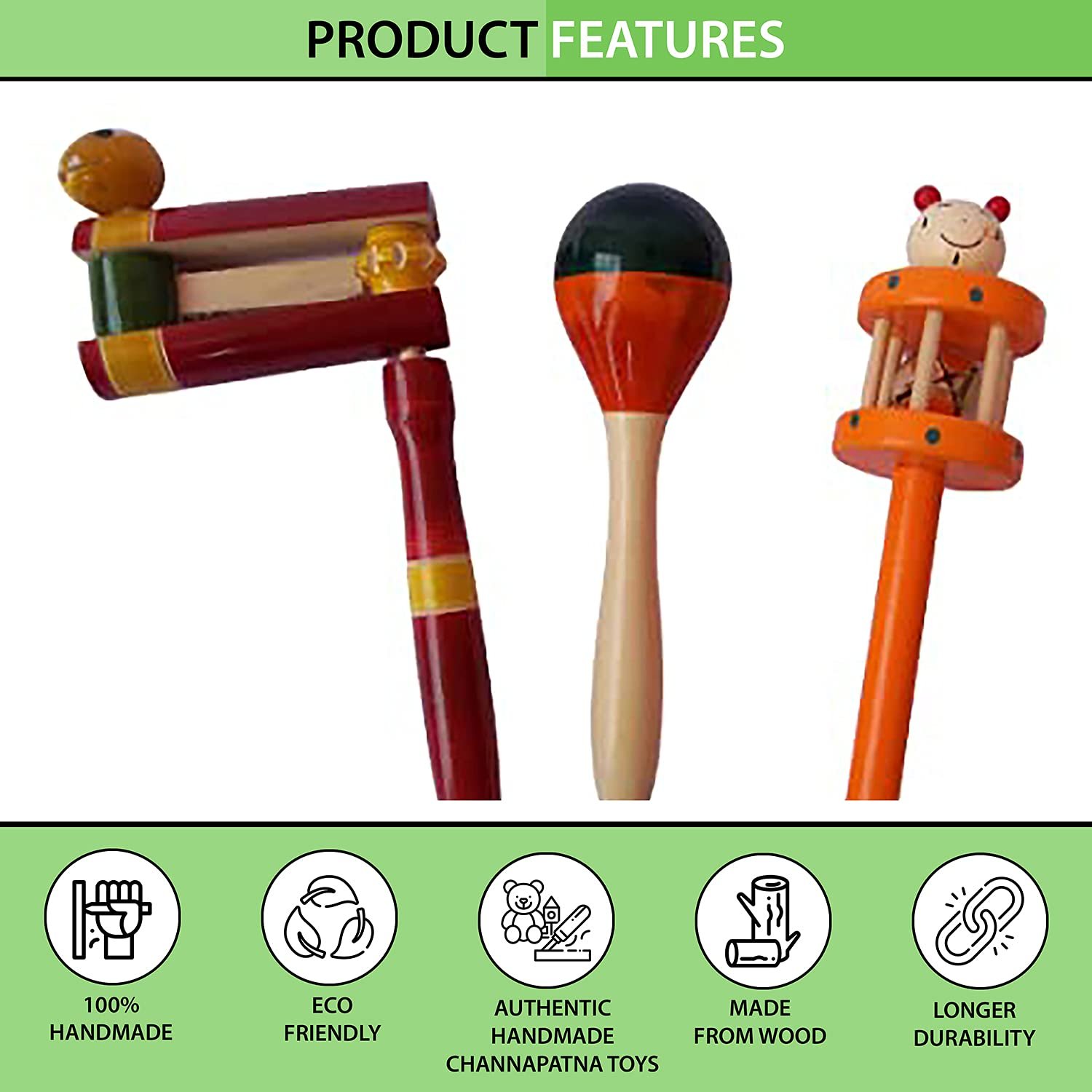 Channapatna Toys Wooden Rattle Toys for Baby/Infants (0+ Years) - Set of 3 pcs - Multicolor - Discover Sounds, Develops Sensory Skills - Image 3