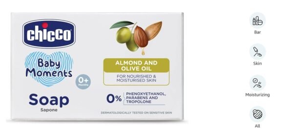 Chicco Baby Moments Bathing Soap for Babies with Almond & Olive Oil, 75g | Nourished & Moisturized Skin| Parabens & Phenoxyethanol Free | Dermatologically Tested on Sensitive Skin - Image 2