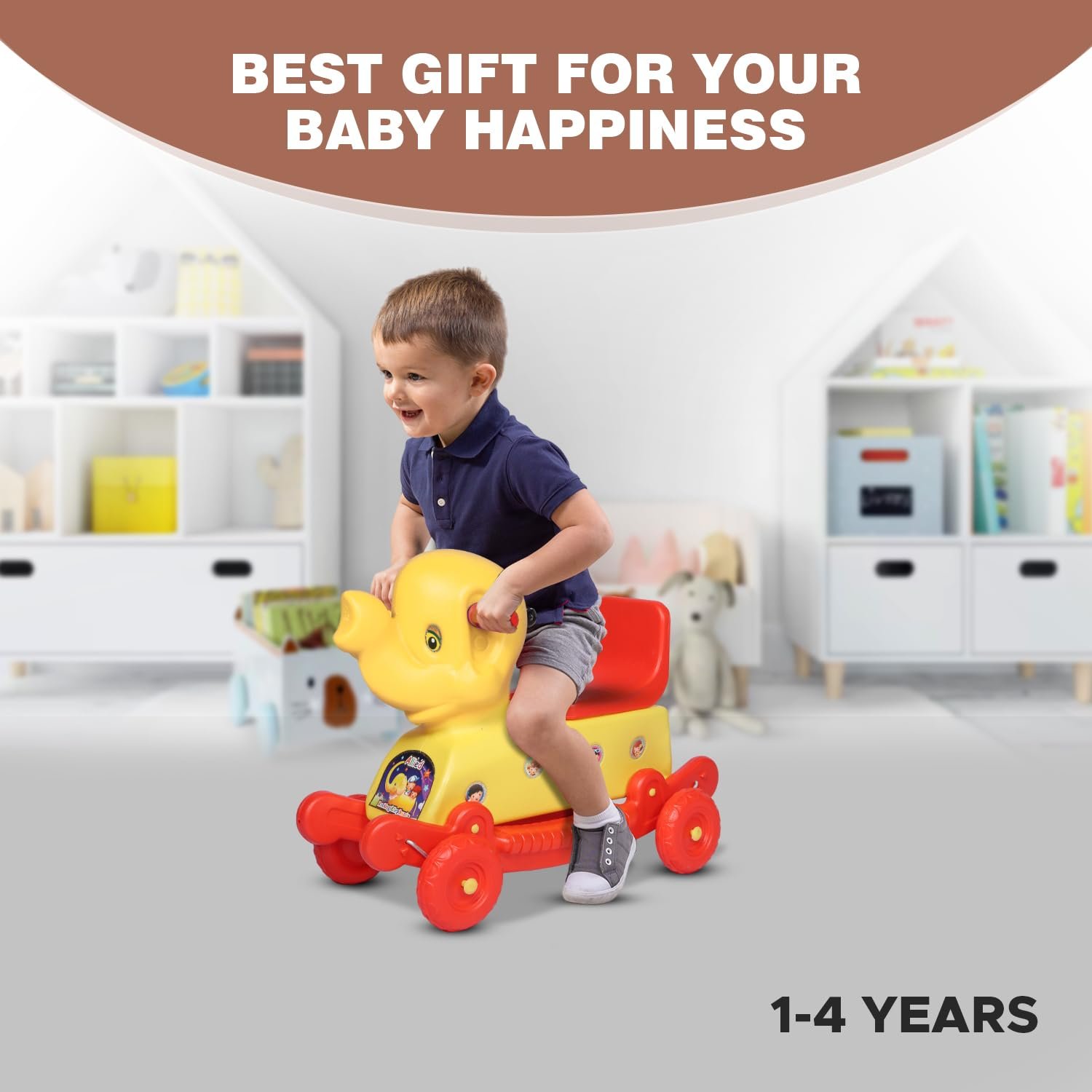 Elephant Rider for Kids 1-3 Years Old 2-in-1 Rocker/Ride-Ons & Wagons Non Battery Operated Rideon (Red & Yellow) - Image 4