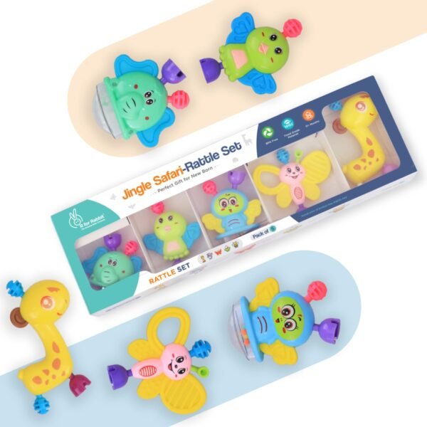 R for Rabbit Jingle Safari Infant Kids Rattles Toys Set for New Born Baby Lightweight 5 Pcs Combo Toy Set for 0 to 24 Month Children (Multicolor)