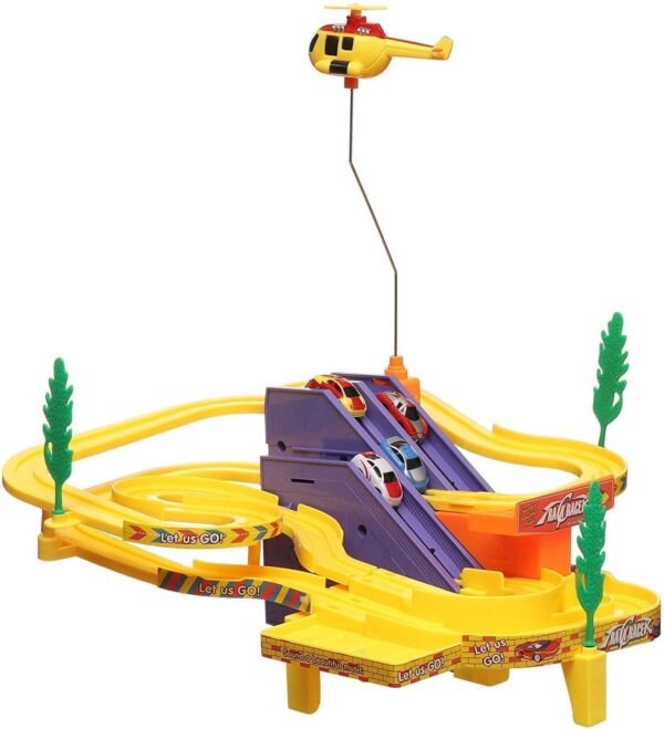 Toyshine Track Racer Racing Car Set with 4 Miniature Cars Rotating Helicopter Toy for 3-5 Year Boys Girls Kids Vehicle Toy Parking Set Game Ramp Toy - Image 6