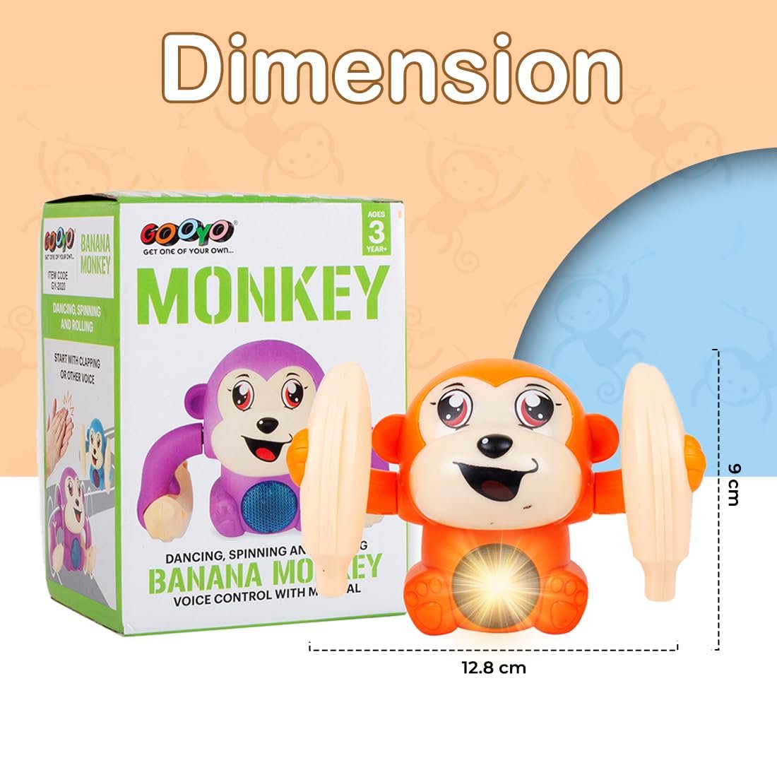 Gooyo GY-2020 Battery Operated Voice Control Monkey Toy with Musical, Dancing,Spinning,Rolling and Sensor Feature for Gifts/Kids/Babies/Boys/Girls|Orange Color,Power Source:3xAAA Battery(Not Included) - Image 2