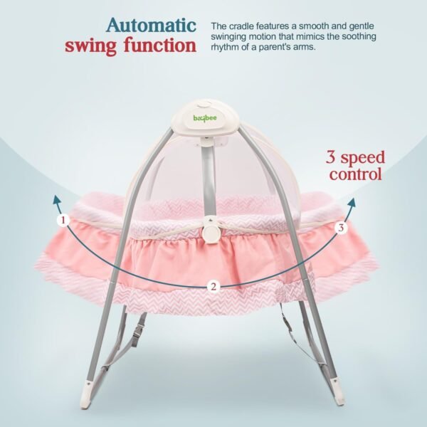 BAYBEE Wanda Electric Swing Cradle for Babies | Automatic Cradle for New Born Baby with 6 Speed Control, Mosquito Net, Toy Bar & Music | Jhula for Kids | Baby jhula for 0 to 2 Years Boys Girls (Pink) - Image 4