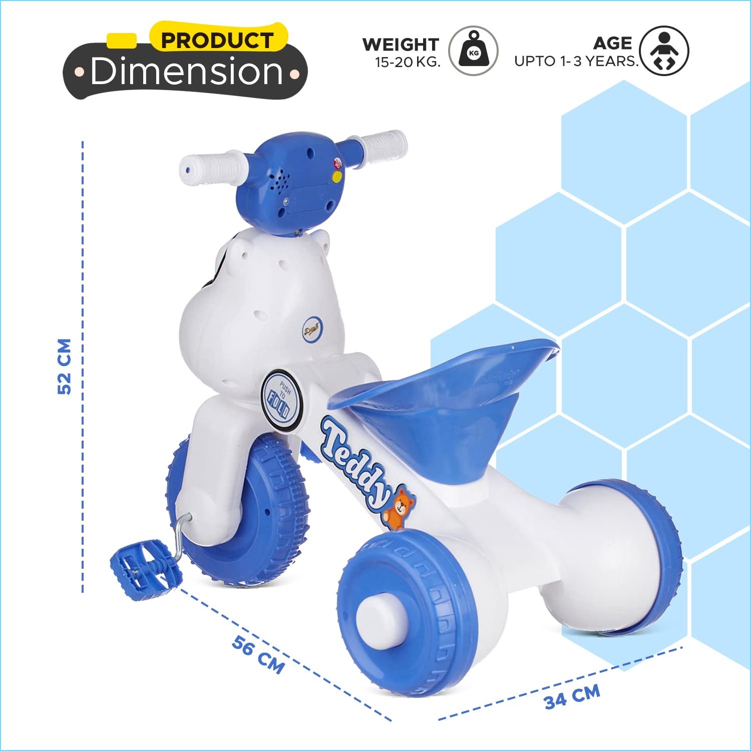 Dash Teddy Foldable Tricycle for Kids 1-3 Years, Baby Cycle With Light and Music (Capacity 20Kg | Blue) - Image 2