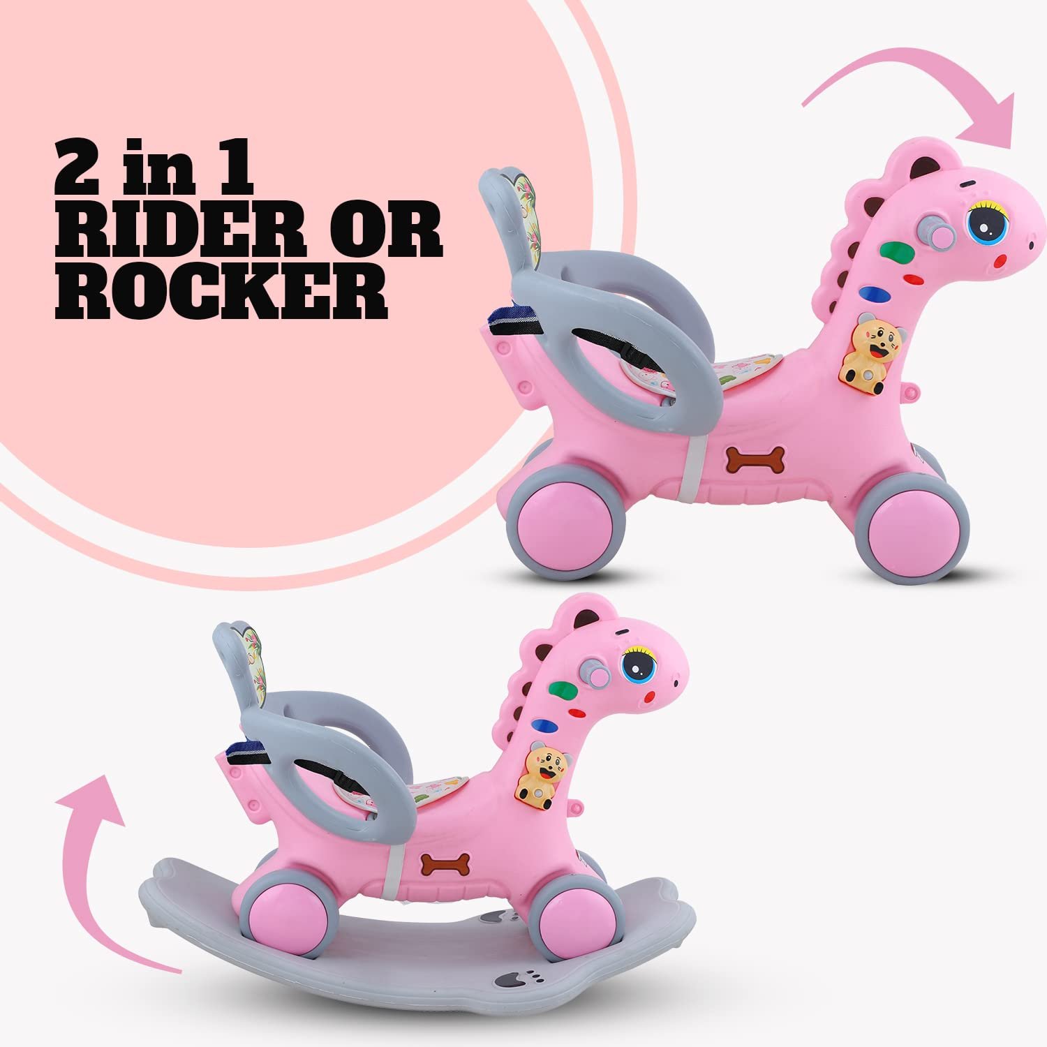 Clever Fox Rio Dinosaur Ride on Musical Toy Rockers for Kids/Rocker Indoors & Outdoors Made in India for 1-3 Years Unisex Kids (Pink) - Image 3