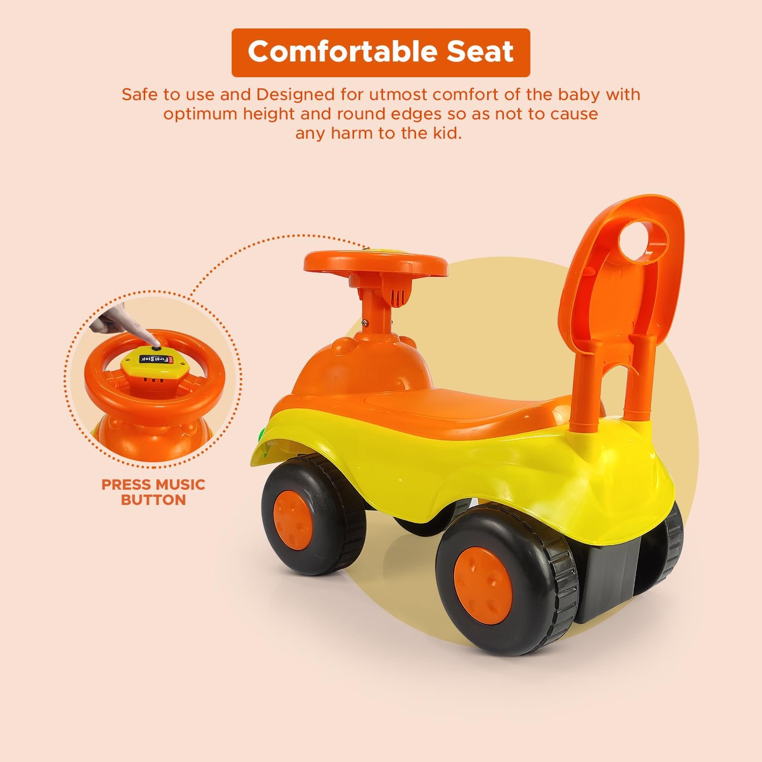 NHR Magic Rider Push Car Ride-On for Kids with Fun, Safe, and Entertaining Ride Music 1-3 Year (Orange) - Image 4