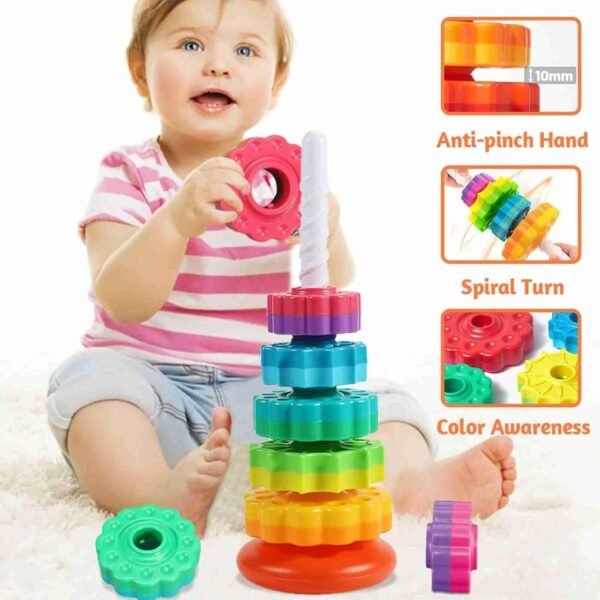 Spinning Stacking Toys, Rainbow Stacking Rings Baby Toy, Toddlers Toys Montessori Sensory Learning Toy for Girls and Boys Spin Wheel Toys for 1-3 Year Old - Image 4