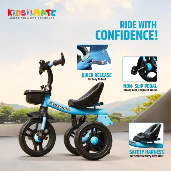 Kidsmate Foldable Tricycle for Kids | Sturdy & Durable Baby Trikes with Storage Basket, Cushion Seat & Safety Belt | Baby Tricycle for 1-4 Years Boys & Girls | Weight Capacity Upto 30kg (Blue) - Image 6