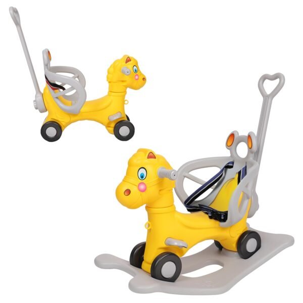 Amazon Brand - Jam & Honey 3-in-1 Ride-on Car and Rocker for Kids | Parental Handle | for 2-5 yrs | Non-Toxic HDPE Material | Sturdy and Durable | Safety Belt | BIS Approved (Yellow & Grey)