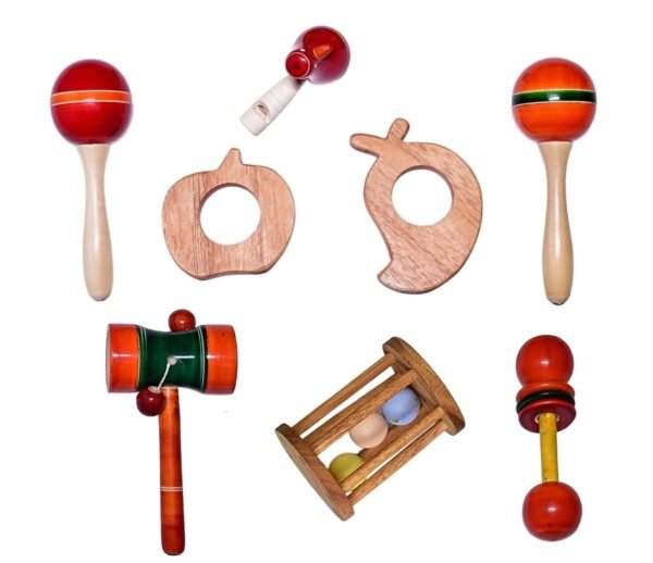 Wooden Montessori Maraca Rattles & Neem Wood Teethers, Bird Whistle Set of 8 pcs - Colourful Musical Instrument Rattle Toy for Baby and Kids (0-3 Years) - Non-Toxic, Hold & Shake Toy - Image 3