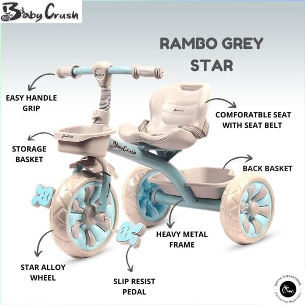Babycrush Rambo Grey Star Tricycle for Kids 2-5 Years - Blue - Image 5