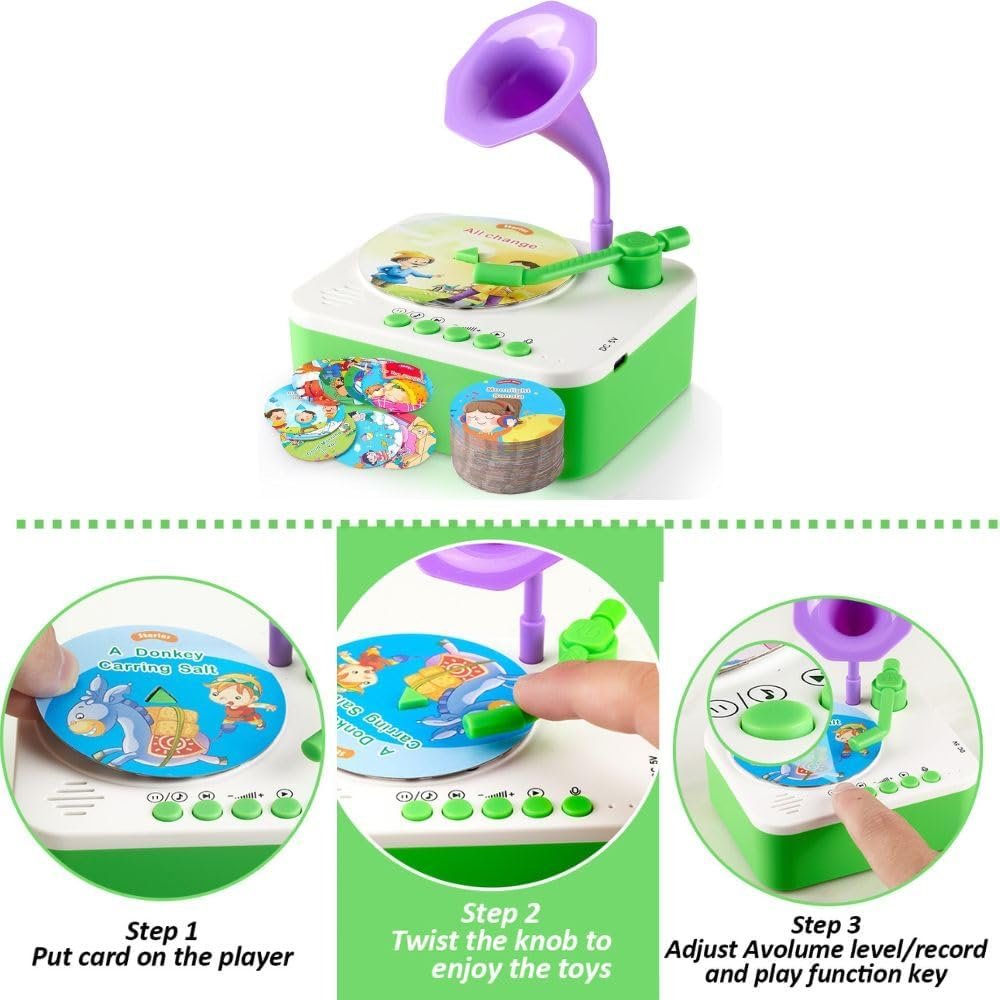 Musical Toys for Toddlers - 99 Cards Bedtime Stories Songs & Music for Kids for Screen Free Fun & Learning- Classical Gramophone for Kids 3-6 Years- Green - Image 2