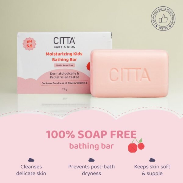 CITTA Moisturizing Kids Bathing Bar for Sensitive Skin | Kids Bathing Bar | Cleansing & Moisturizing | 100% Soap Free, Tear-Free | pH balanced | Enriched With Olive Oil & Vitamin E | Infused With IFRA-Certified Cherry Fragrance | Prevents Post-Bath Dryness | 75 gm | Pack of 4 - Image 2