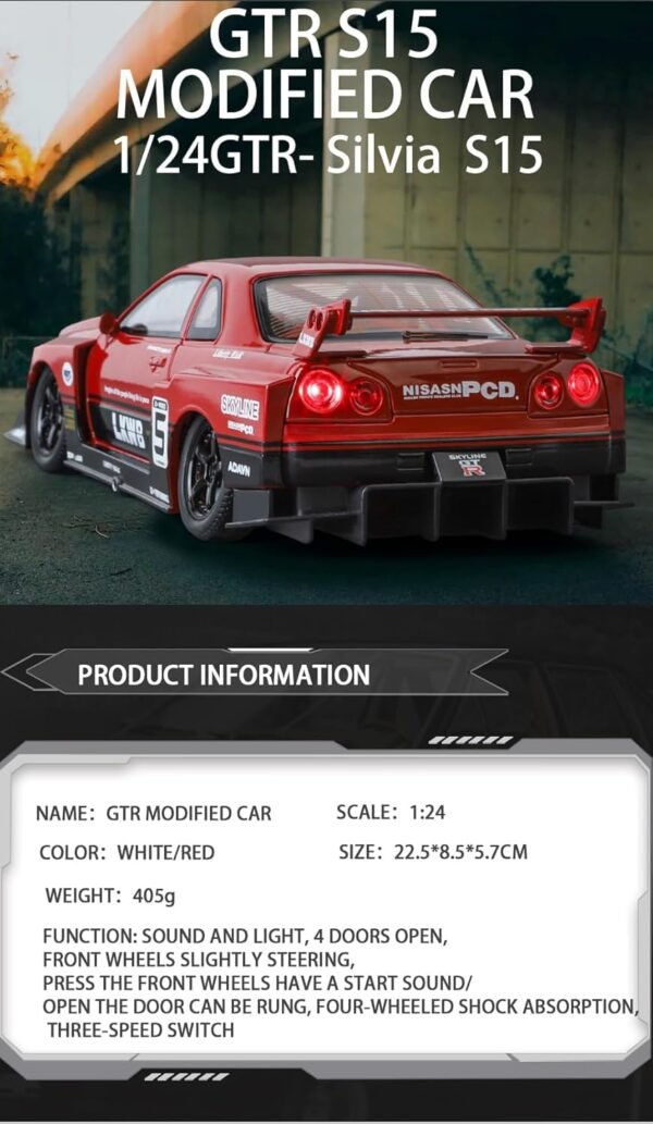 1:24 Nissan GTR Skyline S15 Diecast Metal Pull Back Car with 4 Openable Doors with Sound and Light Toy Decoration car Best Gift Toys for Kids ?Colors as Per Stock? - Image 2