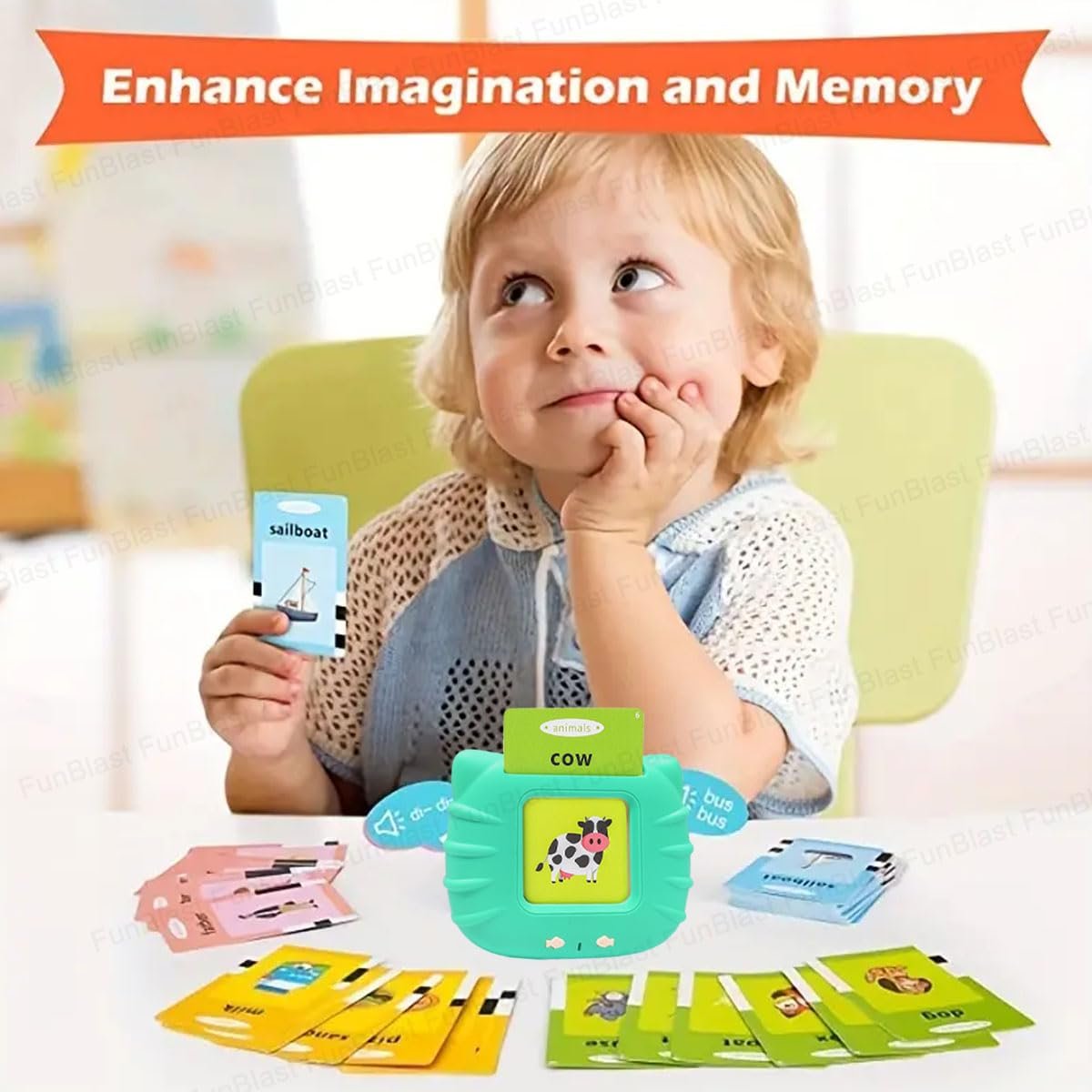 FunBlast Talking Flash Cards for Kids, Learning Toys for Kids, English Flash Cards, Montessori Educational Toys for 2-4 Year Old Kids, Boys, Girls -112 Double Sided Card (Green) - Image 2