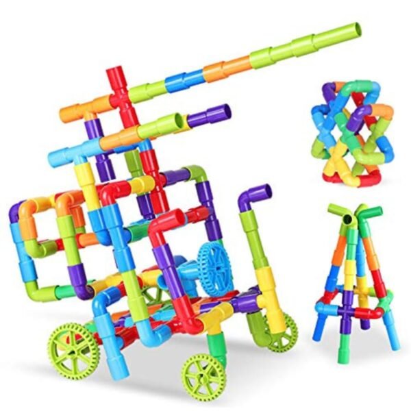 Unbreakable Pipe Puzzle Building Block Toy with Wheel/Pipe Puzzle Block Game Playset for 3-8 Years Old Kids Boys & Girls,Multicolor(75 Piece Pipe Puzzle Blocks for Kids)