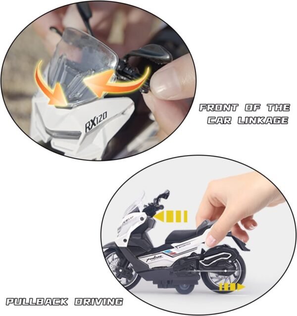 Police Motorcycle Toy - Pull Back Motorcycle Toys, Tiny Gift with Music Lighting, Latte Motorcycles Toy for Kids Boys Age 3-8 Year Old [New] (PALSAR RX120-WHITE) - Image 3