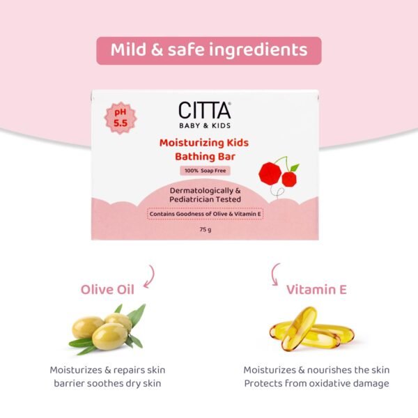 CITTA Moisturizing Kids Bathing Bar for Sensitive Skin | Kids Bathing Bar | Cleansing & Moisturizing | 100% Soap Free, Tear-Free | pH balanced | Enriched With Olive Oil & Vitamin E | Infused With IFRA-Certified Cherry Fragrance | Prevents Post-Bath Dryness | 75 gm | Pack of 4 - Image 3
