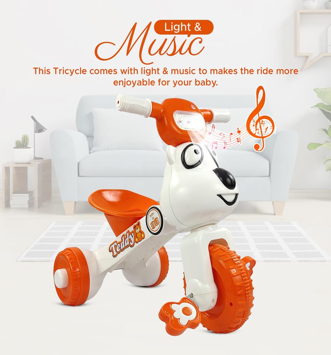 Dash Teddy Foldable Tricycle for Kids 1-3 Years, Baby Cycle With Light and Music (Capacity 20Kg | Orange) - Image 6