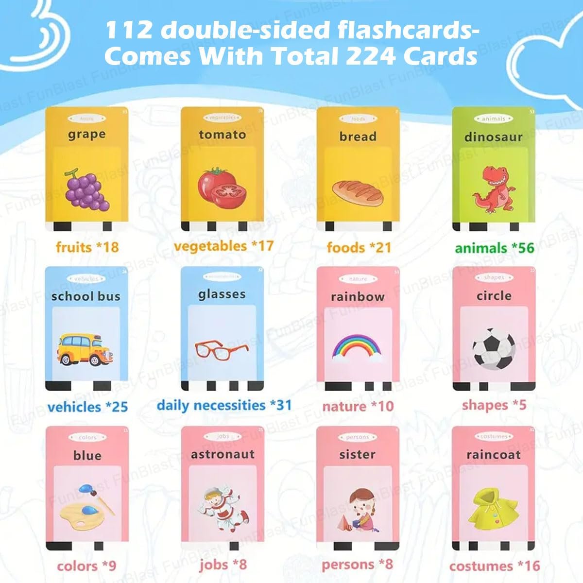 FunBlast Talking Flash Cards for Kids, Learning Toys for Kids, English Flash Cards, Montessori Educational Toys for 2-4 Year Old Kids, Boys, Girls -112 Double Sided Card (Purple) - Image 6