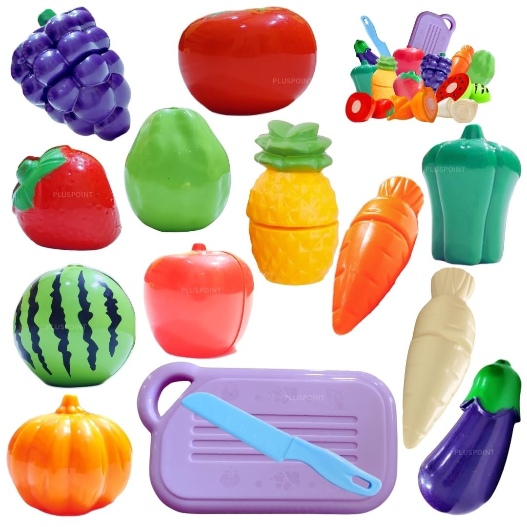 PLUSPOINT 14 PCS Food Cutting Toy for Kids, Pretend Play Kitchen Set of Fruit & Vegetables Set Includes 6 Fruits, 6 Vegetables,1 Board,1 Knife for Girls and Boys (Fruits n Veggies 14pc) - Image 5