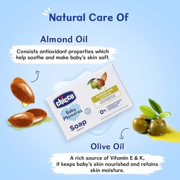 Chicco Baby Moments Bathing Soap for Babies with Almond & Olive Oil, 75g | Nourished & Moisturized Skin| Parabens & Phenoxyethanol Free | Dermatologically Tested on Sensitive Skin - Image 6