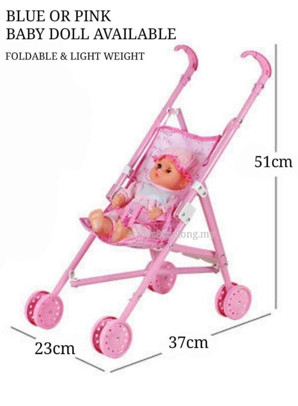 Kids Stroller Baby Doll Toy with Real Moving Stroller, 2 Dolls, Easily Foldable Baby Pram Trolley for Girls, 55 cm Pink